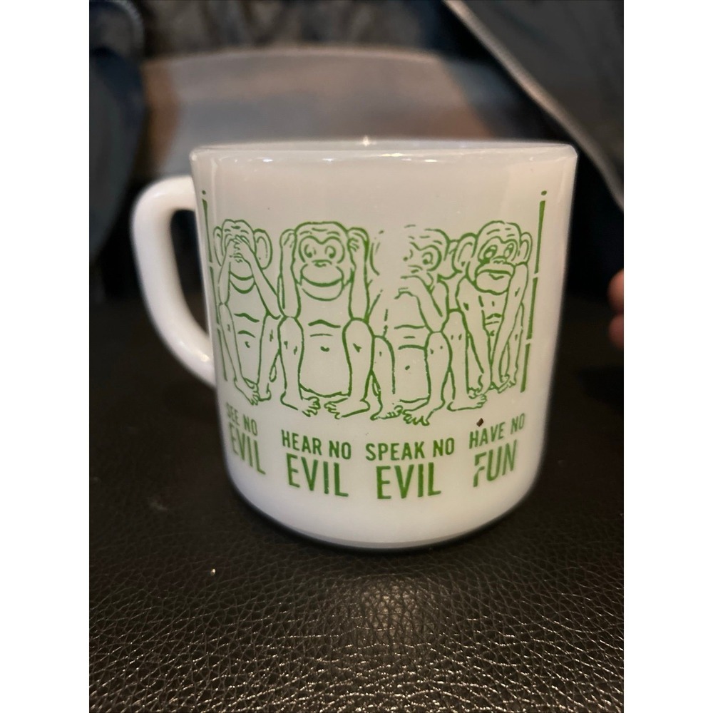 Federal Milk Glass mug. Monkeys. See no evil. Have no fun. Vintage